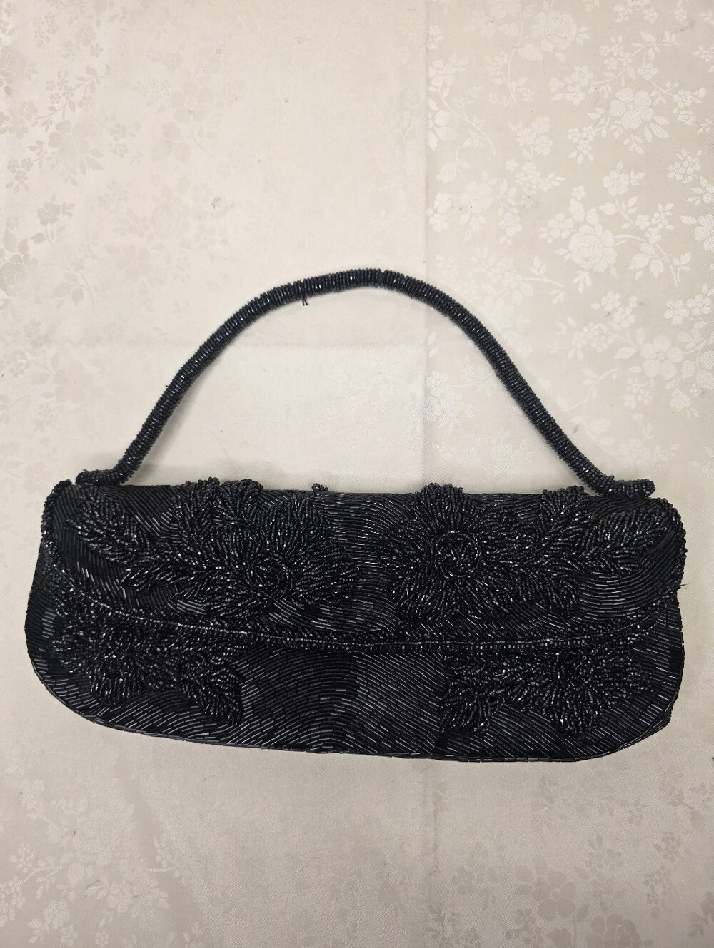 Vintage Black Beaded Floral Clutch Evening Purse